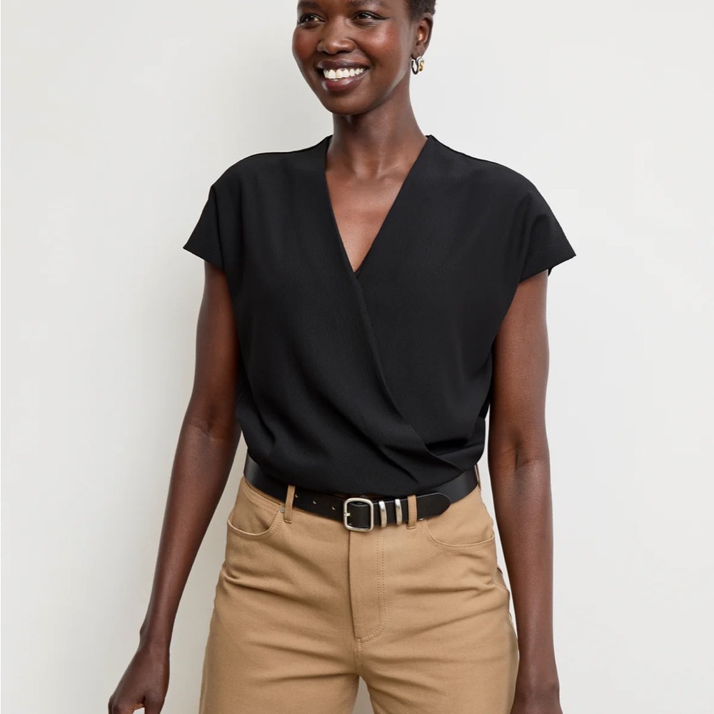 MM Lafleur Black Draped V-Neck Short Sleeve Blouse